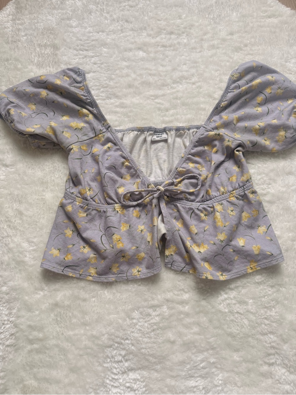 Aritzia Floral Tie-Front Puff Sleeve Top in Lavender and Yellow